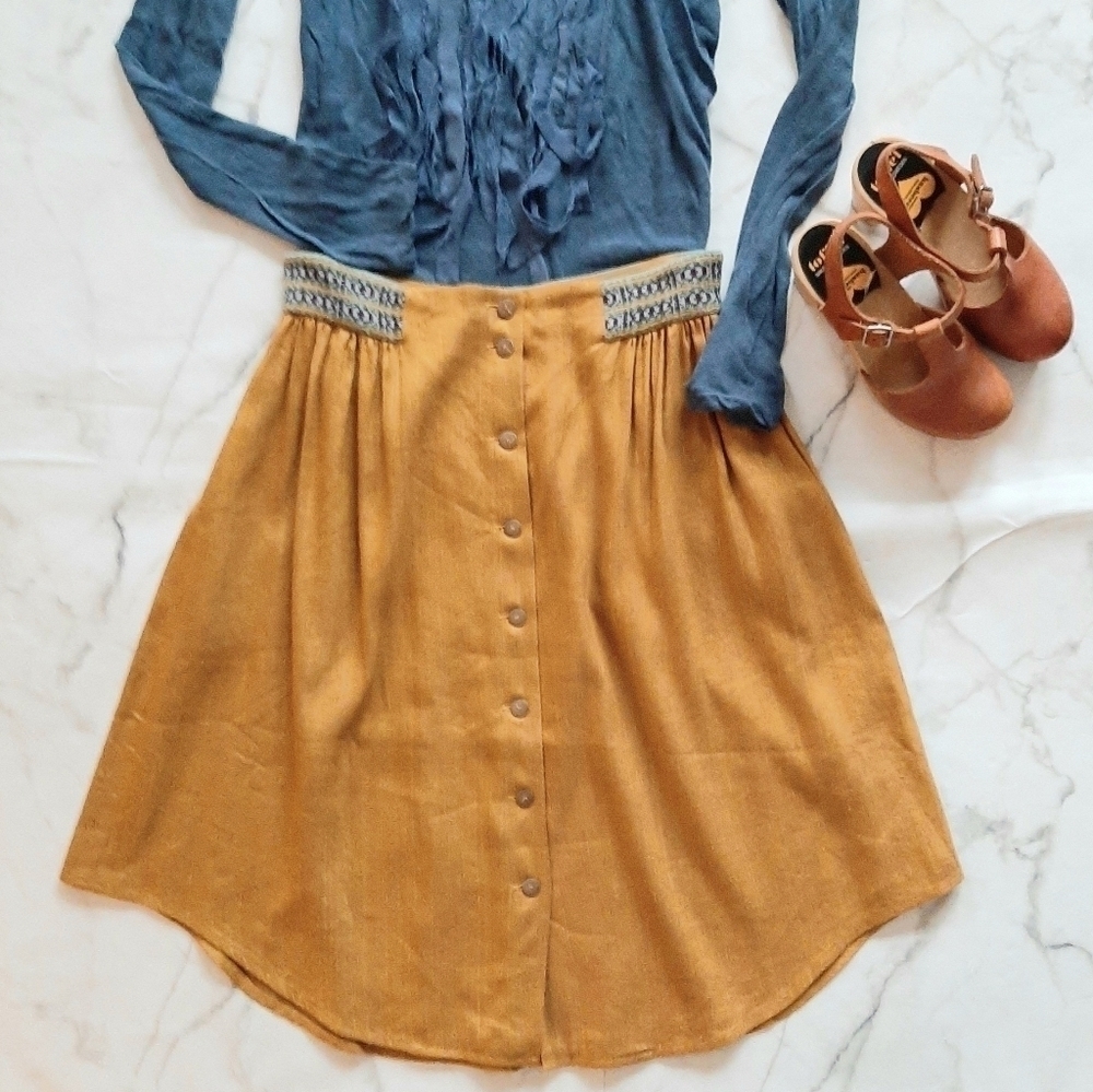 Catherine Andre Designer Embroidered Waist Mustard Yellow Button Front Skirt